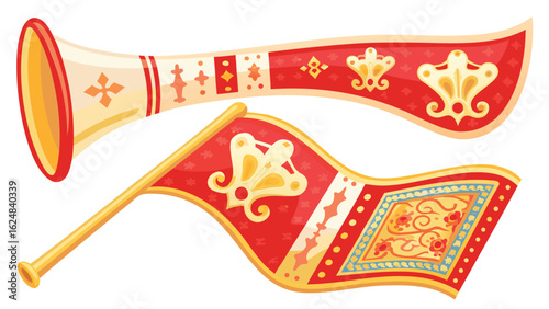 a red and gold horn and a red and gold flag with intricate designs and embellishments