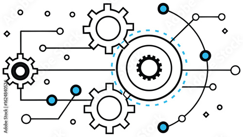 Abstract digital illustration of interconnected gears and circuits representing technology innovation and mechanical systems with a futuristic and modern aesthetic