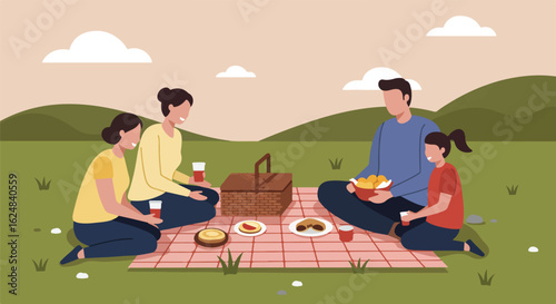 Smiling family eats and drinks on a picnic blanket on a grassy field, hilly background