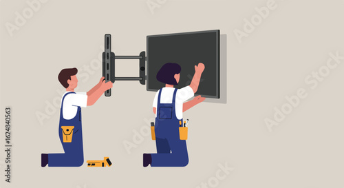 TV installation Technicians mounting a screen onto a wall bracket indoors