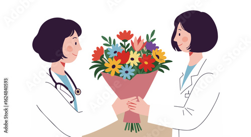 Minimalist flat vector doctor receiving flowers