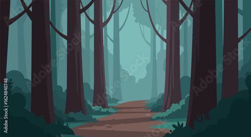 Graphic depiction of walking path through forest, background is mist. For apps
