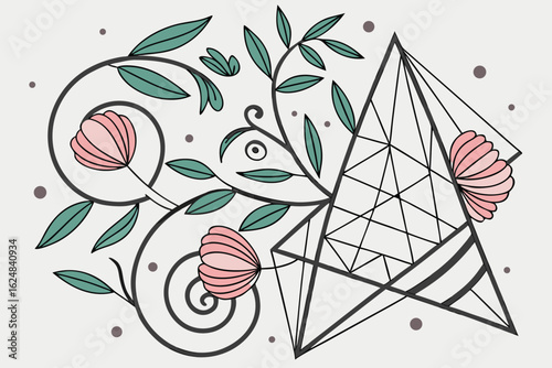 Floral arrangement with geometric shapes featuring pink flowers green leaves and a triangular design element