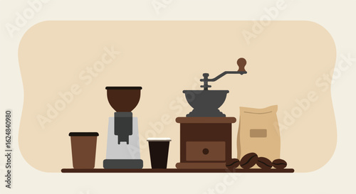 Still life Coffee grinders with beans, cups on shelf against neutral backdrop