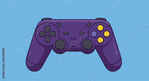 Purple gamepad for playing game. Light blue background. Use for online game content