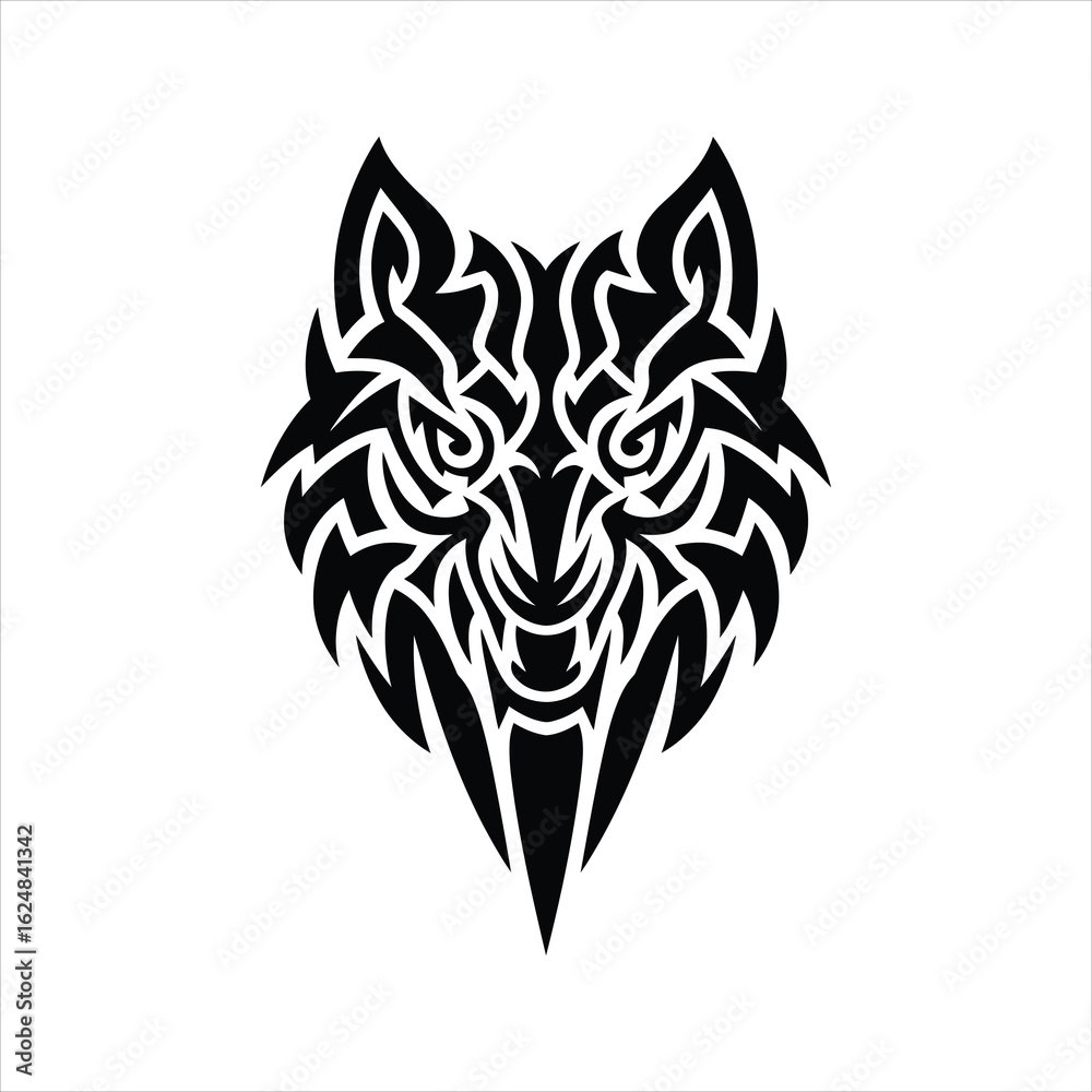 Obraz premium Tribal Wolf Head Vector Silhouette – Symmetrical Wild Animal Tattoo Design