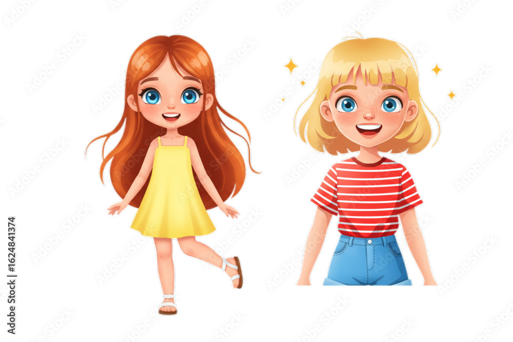 Joyful young girls with bright smiles and expressive eyes, radiating happiness and youthful energy in stylized art. Joyful young girls with bright smiles and expressive eyes, radiating happiness and youthful energy in stylized art.