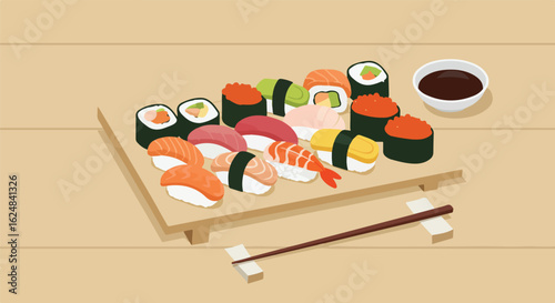 Sushi assortment served on wood plate with soy sauce, chop sticks ready on table