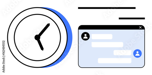 Analog clock beside chat interface with user icons and messages. Ideal for communication, collaboration, time tracking, productivity, scheduling, digital tools, simple landing page