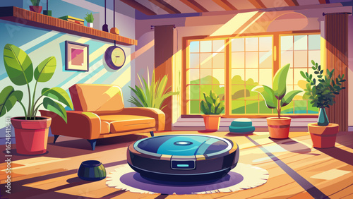 In this modern living room, a stylish robotic vacuum quietly cleans under tables and chairs. Natural light dances on sleek surfaces, while leafy plants breathe freshness into the airy space.