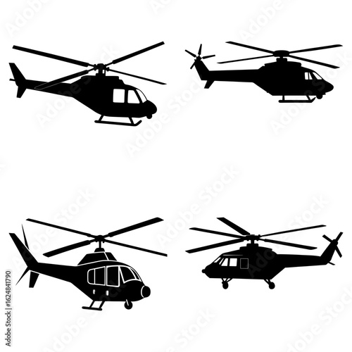 Four helicopter silhouettes arranged in a square format with a white background and black helicopter shapes
