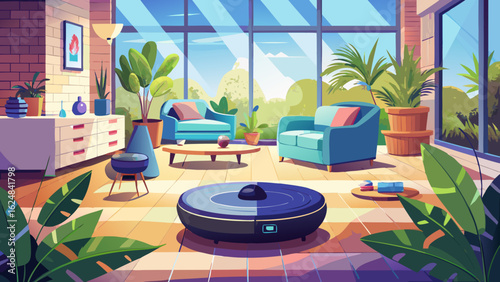 In this modern living room, a stylish robotic vacuum quietly cleans under tables and chairs. Natural light dances on sleek surfaces, while leafy plants breathe freshness into the airy space.