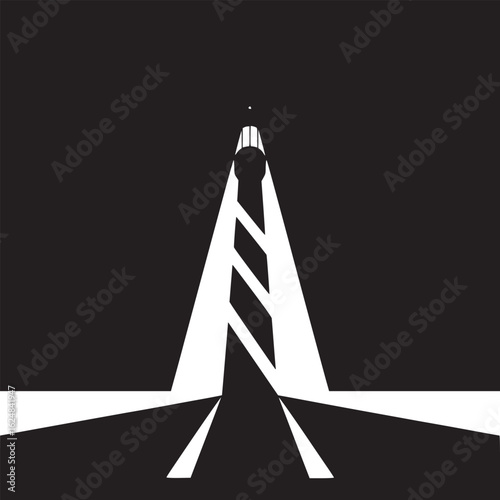 A black and white graphic of a lighthouse with beams of light shining through the darkness above it