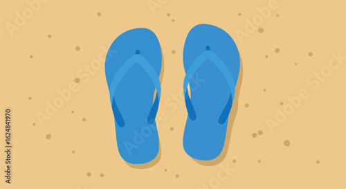 Blue sandals on sand, sunbathing; ads or travel material use; vacations