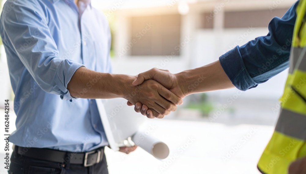 Fototapeta premium Two engineer shaking hands with deals and congratulations on success, panorama 