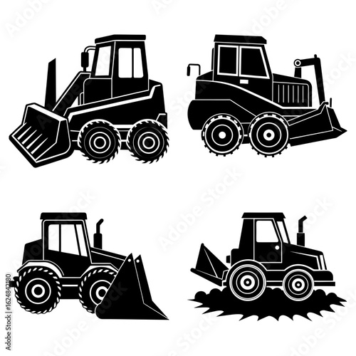 Illustration of four black construction vehicles including bulldozers and front end loaders in silhouette