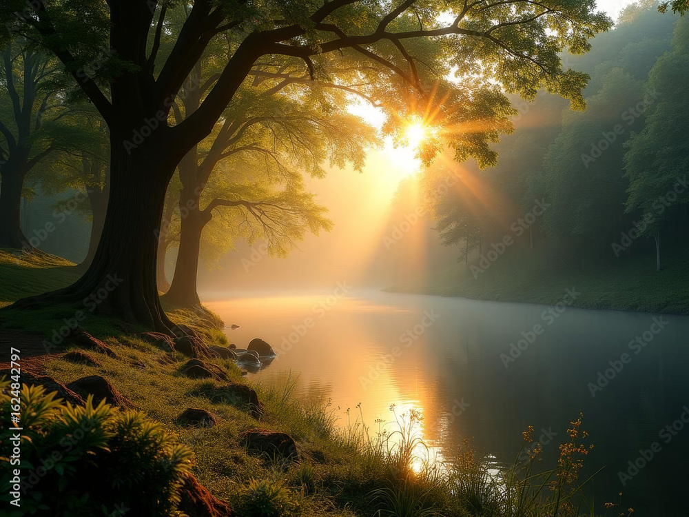 Fototapeta premium Lever de soleil sur lac paisible entouré de forêt et brume, paysage naturel magnifique