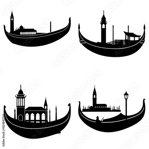Silhouetted gondolas with architectural elements in a graphic composition showing venetian scenes