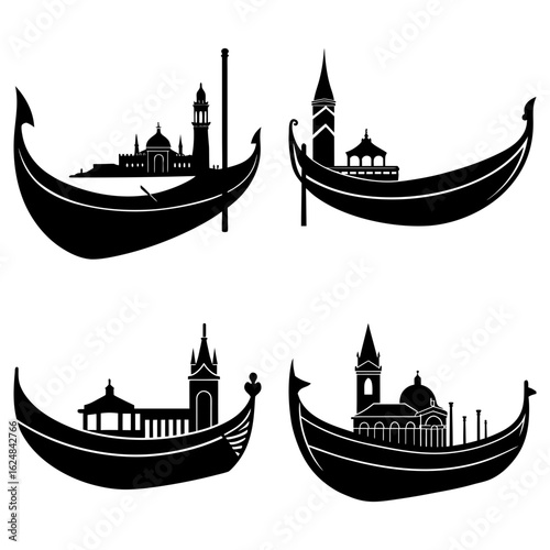 Four gondola silhouettes showcasing venetian architecture against a white background creating a pattern