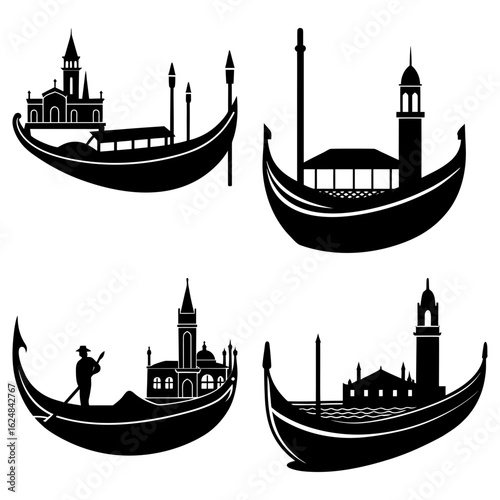 Silhouettes of venetian gondolas featuring various buildings and a gondolier on a white background
