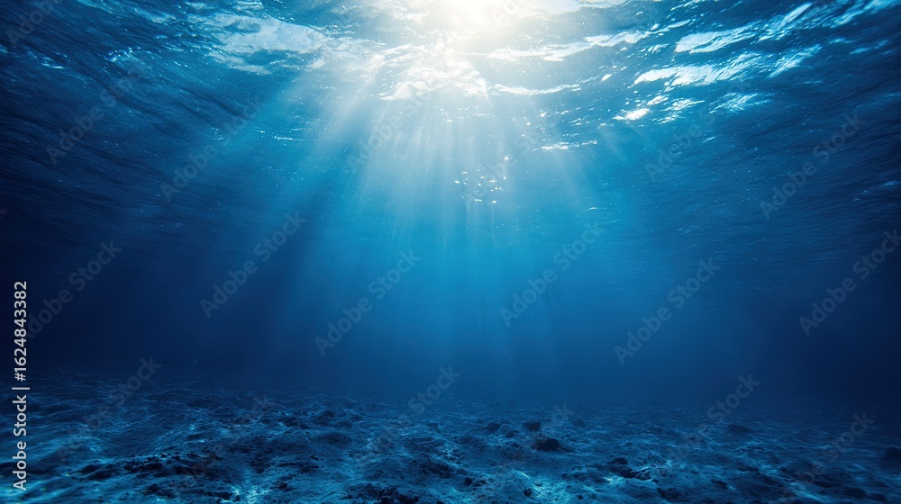 Fototapeta premium Beautiful Blue Ocean Background with Sunlight and Undersea Scene – Sunbeams Penetrating Turquoise Waters, Revealing Vibrant Marine Life Below