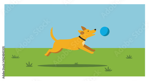 Dog fetching ball in grass under a blue sky, ideal for a children's book