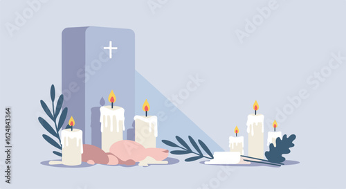 Cemetery Memorial Candles burn near a gravestone, with melted wax and greenery
