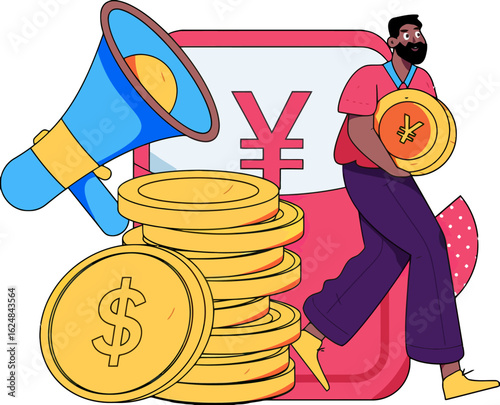 Dynamic businessman with megaphone and coins, promoting financial growth and wealth accumulation with a clear focus on currency symbols and prosperity.
