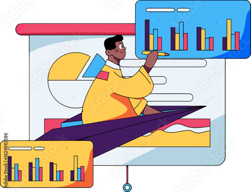 Dynamic analyst presents vibrant financial data and growth charts, driving business strategy with insightful presentations for modern corporate success.