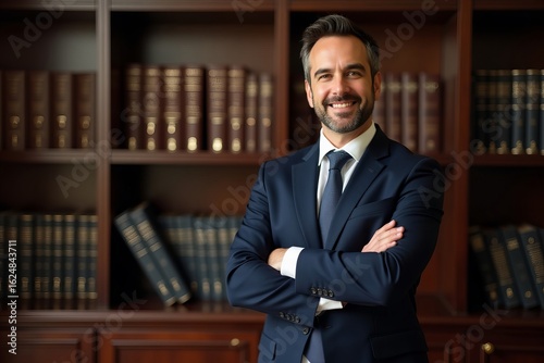 Confident Attorney Poses with Arms Crossed Against Bookshelf in Office