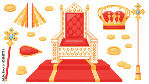 a royal throne with a crown scepter coins and red carpet on a white background