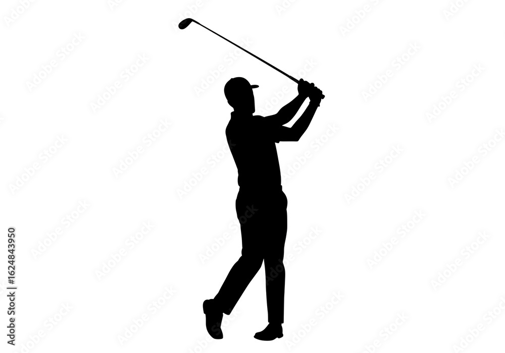 Obraz premium Silhouette of a golfer in mid swing against a white background with a golf club up