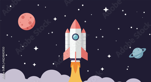 Cartoon rocket launch in outer space, stars, and planets for kids illustration