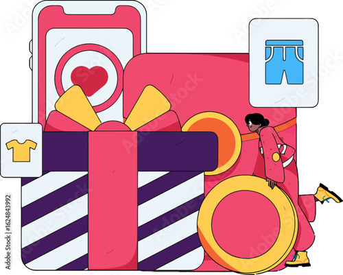 Excited woman discovers perfect online shopping gift with clothing icons and heart app, celebrating modern retail and e-commerce joy