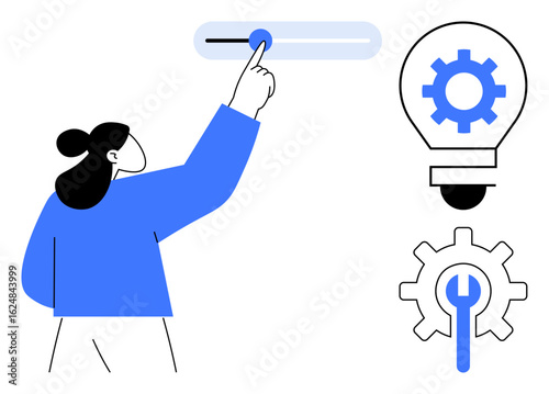 Person sliding a control bar, light bulb with gear and wrench gear icons representing innovation, problem-solving, customization, technology, creativity, progress, and efficiency. Ideal for teamwork