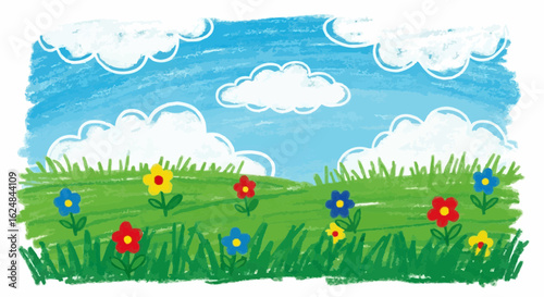Grass and sky background. Crayon kid landscape with spring field. Vector green grass, flower, blue sky, cloud child wax pastel painting.children, border, chalk, doodle, draw, land, lawn, meadow, 