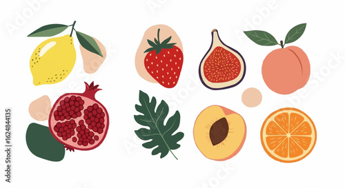Collection of abstract fruit contemporary art print. Modern poster with hand drawn lemon, strawberry, fig, garnet, peach and orange. Trendy design for wallpaper, wall decor, postcard, cover,leaf,