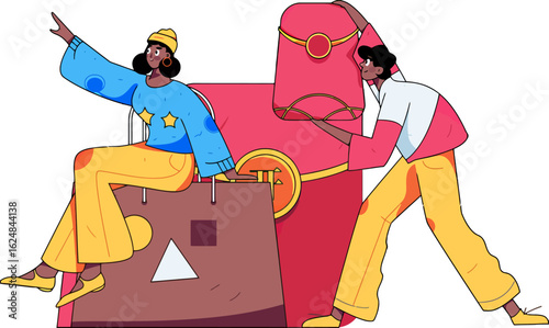 Joyful duo celebrates successful shopping spree with colorful bags and vibrant attire, embodying modern consumerism and excitement for new purchases.