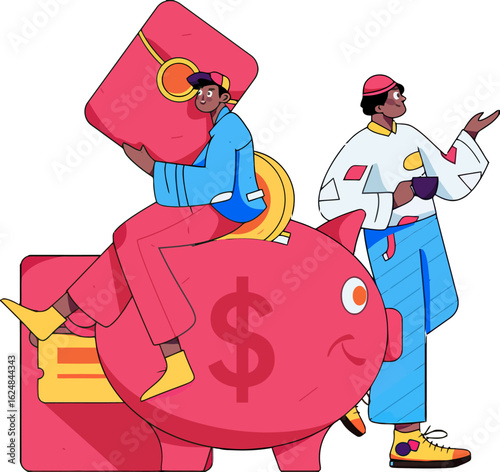 Dynamic duo creatively managing finances with a giant piggy bank and digital wallet, symbolizing smart money management and investment growth for a prosperous future.
