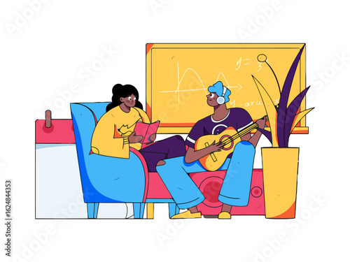 Young learners happily sharing knowledge and music together in a vibrant, modern study space, fostering creativity and connection.