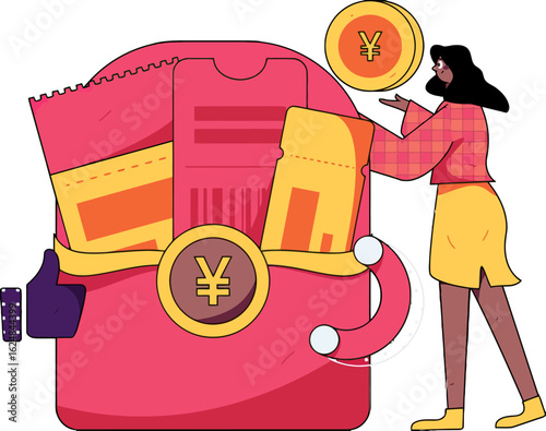 Woman successfully saving money and making smart financial choices, symbolized by tickets and yen coins, representing a positive money management lifestyle and future prosperity.