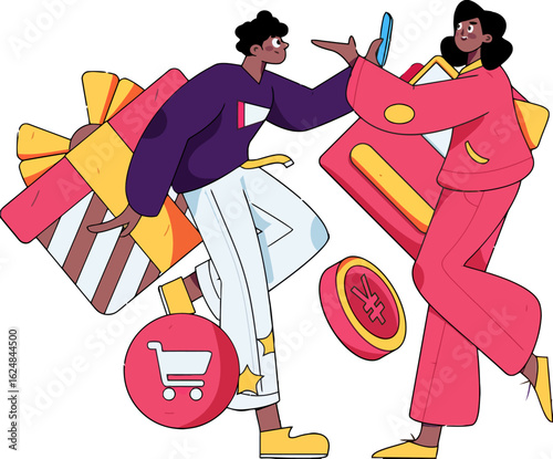 Dynamic duo celebrates successful online shopping spree with gift boxes credit cards and currency, embracing modern commerce and joyful transactions.