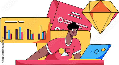 Dynamic young entrepreneur analyzing growth charts on laptop, celebrating success with a valuable diamond concept, perfect for business presentations and financial planning visuals.