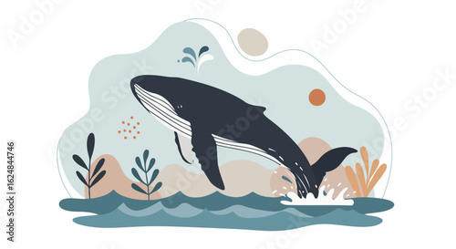 Whale breaching ocean surface in graphic landscape. Backdrop art element use