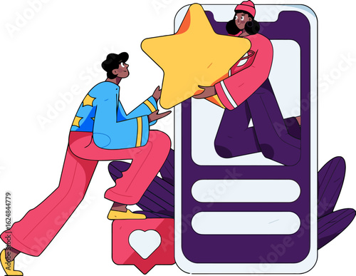 Joyful individuals collaborate to achieve outstanding recognition, sharing a glowing star within a vibrant digital platform, symbolizing success and engagement.