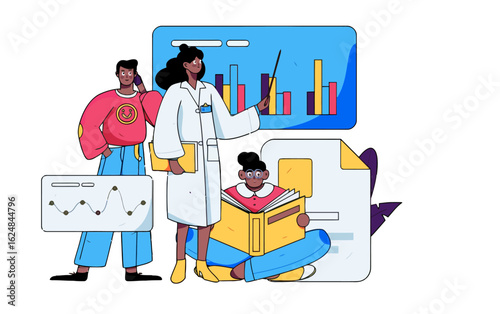 Team collaborates on data analysis presenting research findings with charts and graphs in a modern educational setting inspiring innovation and growth