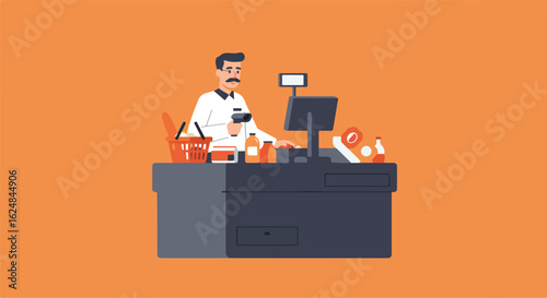 At checkout, cashier scanning groceries for purchase, flat design in orange backdrop