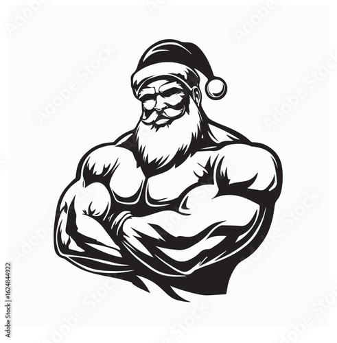 Confident Santa Claus Flexing Arms Crossed Strong Christmas Character Logo Vector on white background