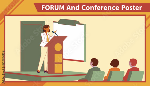 Forum and conference poster. Experts on stage in conference room discussing topics. Banner with event and participant speaker, screen with presentation and spectators. Cartoon flat vector illustration