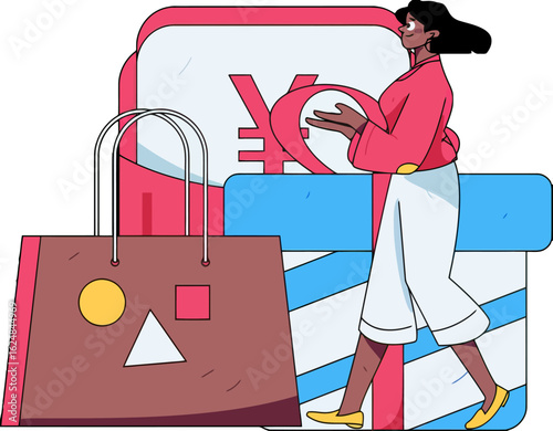 Stylish woman enjoys shopping spree, embracing modern retail therapy and online payment convenience with a Yen currency symbol, highlighting consumer spending and financial transactions
